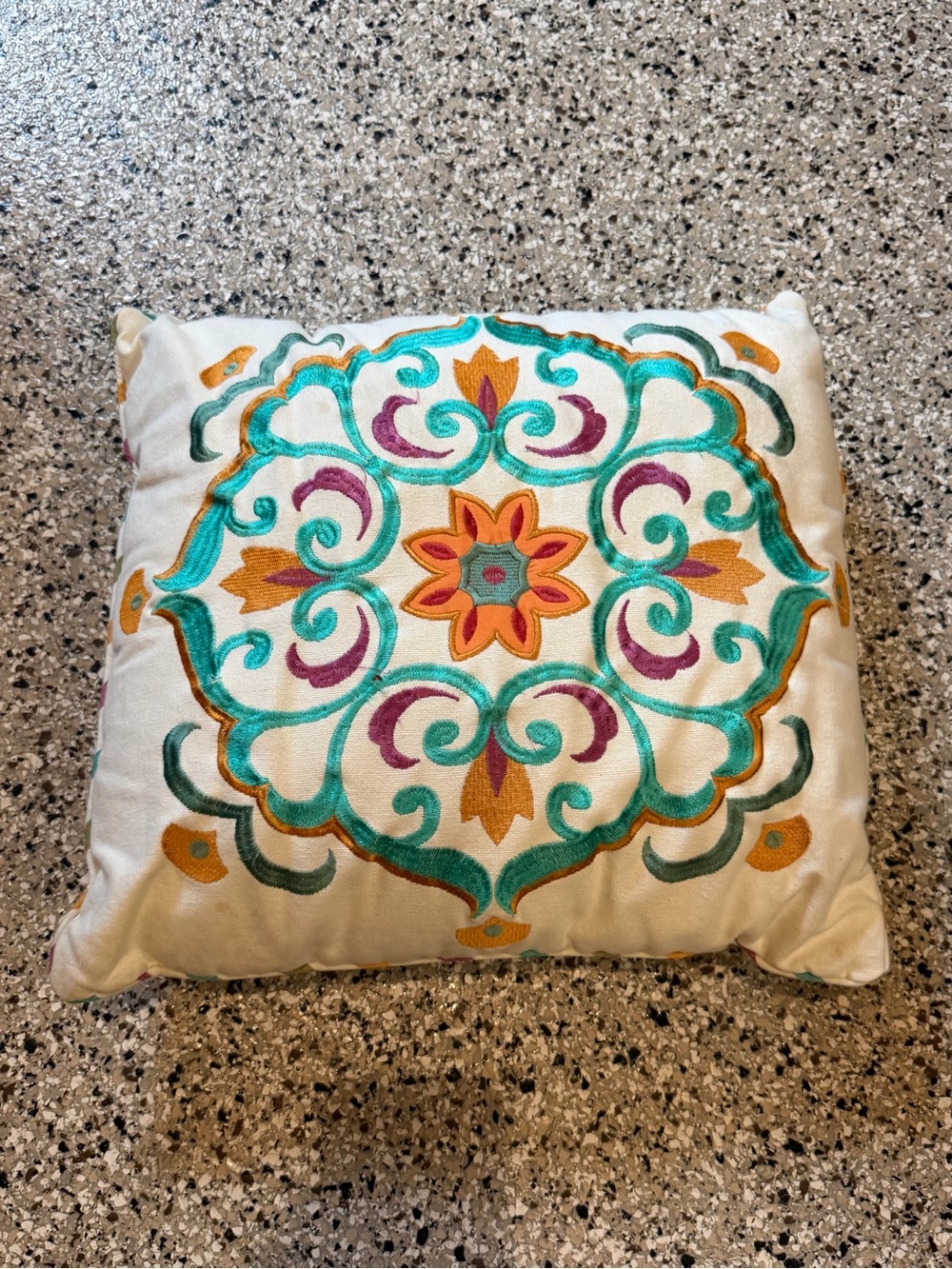 T.J.Maxx Cream Throw Pillow with Teal, Orange & Purple Embroidery